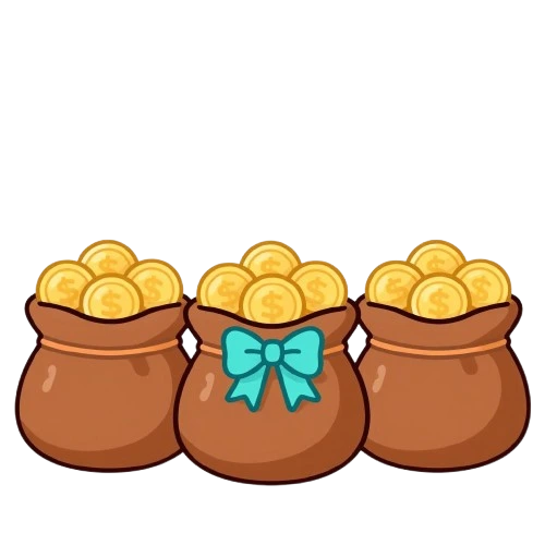 Three bags of gold. Middle one with a cyan bow.
