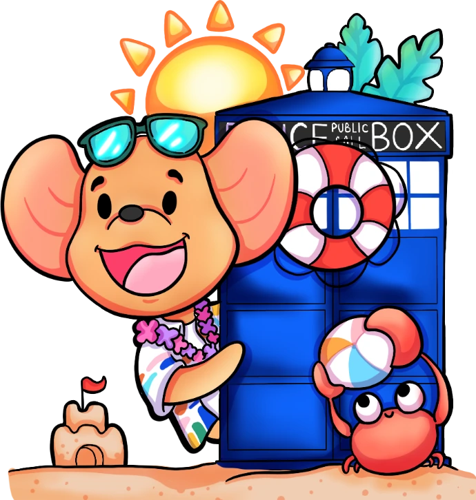 Roo peeking from behind blue police box in summer theme